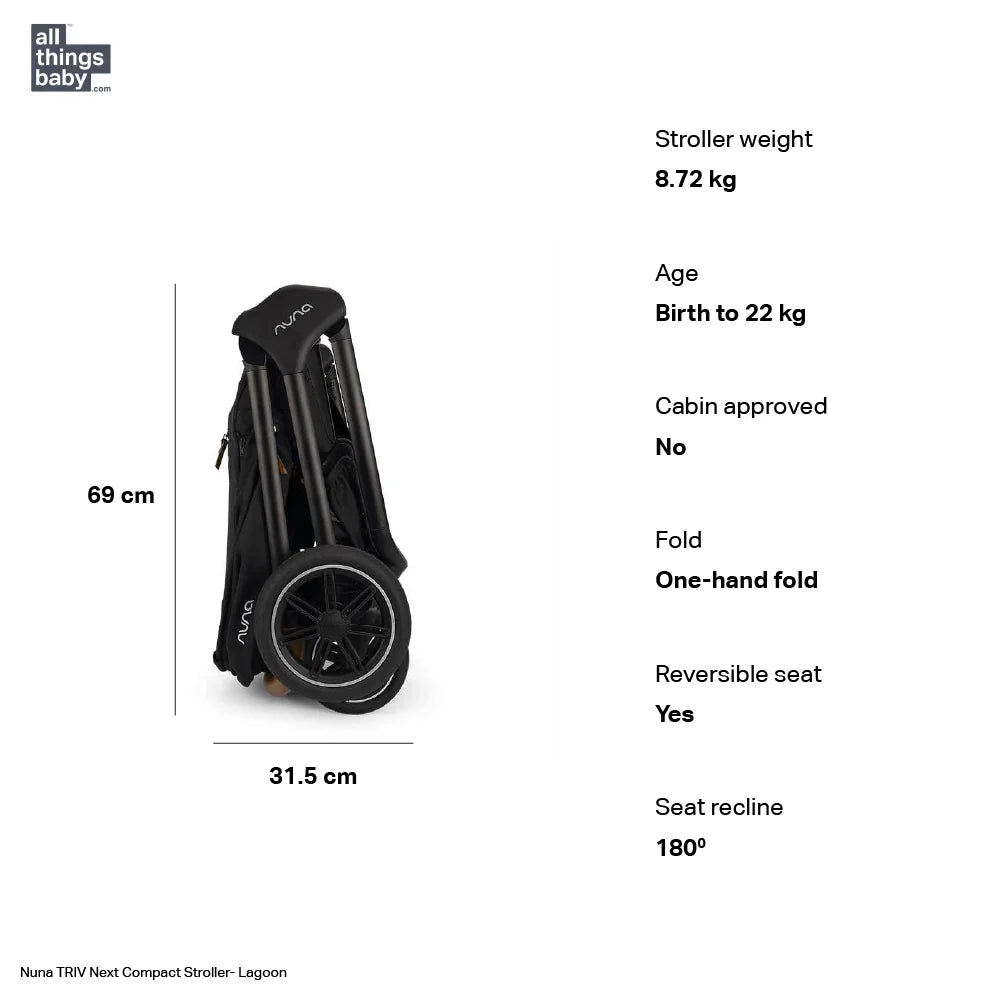This image shows the stroller's folded dimensions (69 cm height, 31.5 cm width) and specifications, including an 8.72 kg weight, one-hand fold, reversible seat, 180° seat recline, and suitability for children from birth to 22 kg (not cabin approved).