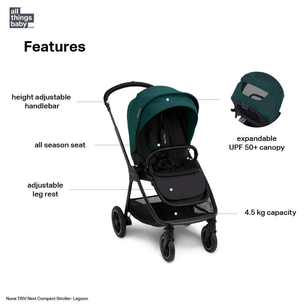 This image highlights features of a stroller, including a height adjustable handlebar, all-season seat, adjustable leg rest, expandable UPF 50+ canopy, and a 4.5 kg capacity storage basket.