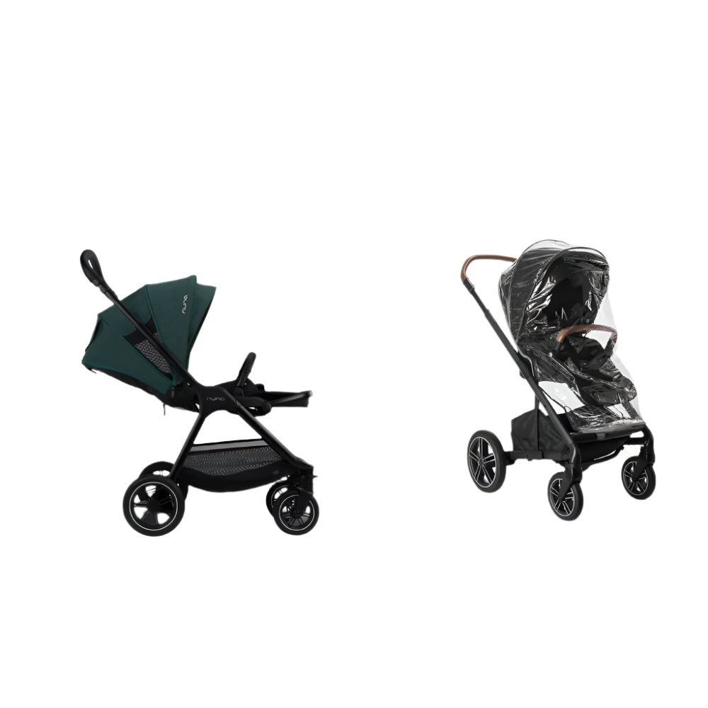 Two modern strollers are shown side-by-side: the left stroller features a sleek green canopy and reclined seat, while the right stroller is equipped with a transparent rain cover over a forward-facing seat with a tan handlebar.