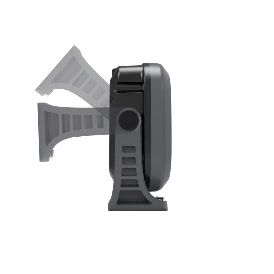 A side view of a black and gray LED work light from SOLIDline, showing its adjustable stand. The stand is displayed in two positions, indicating its ability to tilt and adjust for different angles. The light itself has a compact, rectangular shape with a sturdy design.