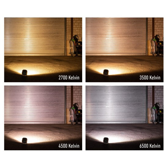 The top left section shows a warm light with a color temperature of 2700 Kelvin. The top right section shows a slightly cooler light with a color temperature of 3500 Kelvin. The bottom left section shows a neutral white light with a color temperature of 4500 Kelvin. The bottom right section shows a cool white light with a color temperature of 6500 Kelvin.