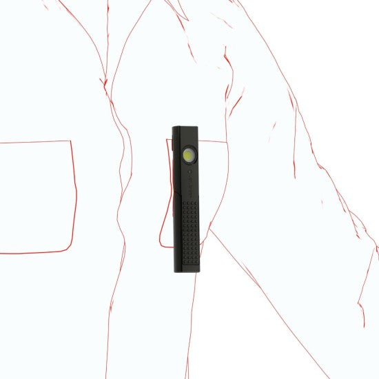 A black LED penlight with a rectangular design is clipped onto the chest pocket of an illustrated outline of a person wearing a jacket. The penlight has a round LED near the top and a textured grip area on the lower half for better handling. The illustration shows how the penlight can be conveniently carried.