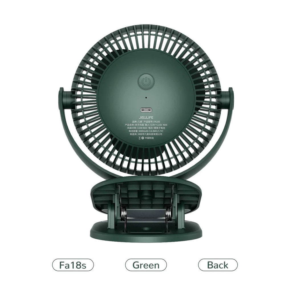 Here's a suitable alt text for the image:
"Rear view of the JisuLife Fa18s handheld fan in green, showcasing the circular fan grille, power button, and USB charging port, with its compact and foldable stand visible below."