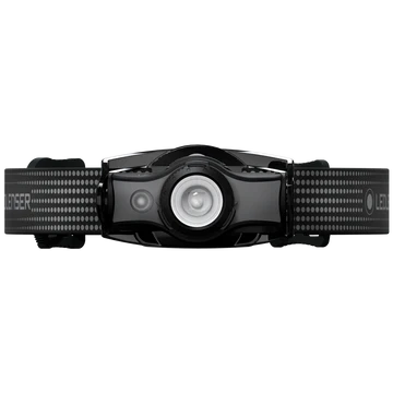 A front-facing view of a black LED Lenser headlamp with an adjustable strap. The strap has a dotted pattern and the "LED LENSER" branding on it. The headlamp unit features a central clear lens and operational buttons, designed for hands-free use and providing powerful illumination.