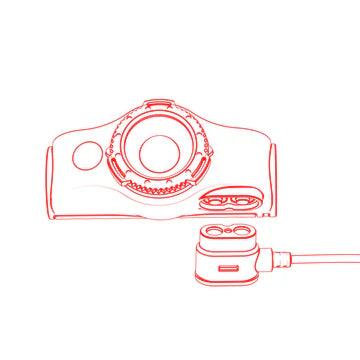 A red line drawing of a headlamp's front and a charging cable. The headlamp features a central circular light, an adjustment knob, and additional smaller elements. The charging cable, depicted below the headlamp, has a connector designed to fit into the headlamp's charging port. The drawing highlights the components and connectivity for recharging the headlamp.