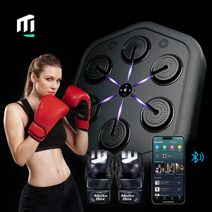 A promotional image featuring a female boxer wearing red gloves, a high-tech punching pad with illuminated target points, a pair of black boxing gloves branded "Maitu Box," and a smartphone displaying a fitness app interface, symbolizing connectivity and interactive training.