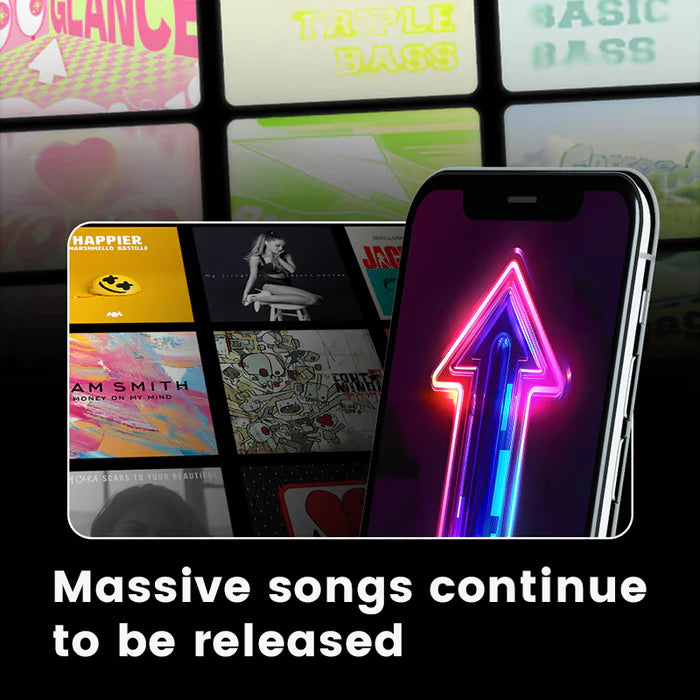 A vibrant promotional image showcasing a smartphone with a neon arrow symbol, surrounded by album covers and song titles, accompanied by the caption "Massive songs continue to be released."