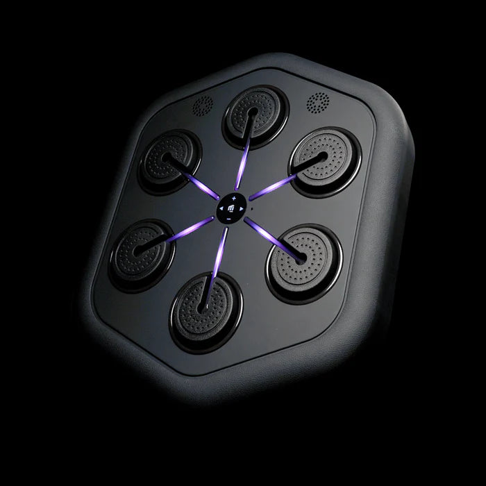 A close-up view of a black hexagonal foot massager with six circular massage nodes, each emitting a purple LED light, creating a sleek and modern appearance against a dark background.