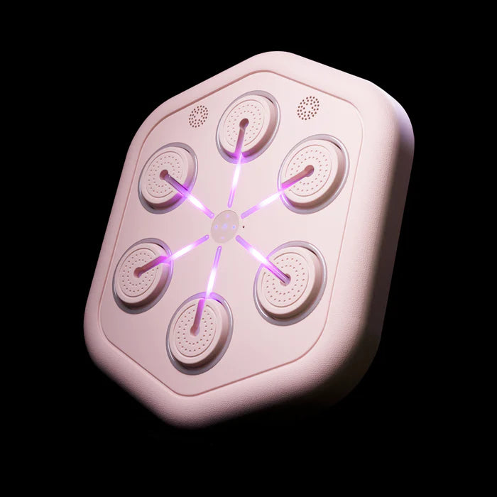 A close-up view of a pink hexagonal foot massager with six circular massage nodes, each emitting a purple LED light, creating a soothing and modern design against a dark background.