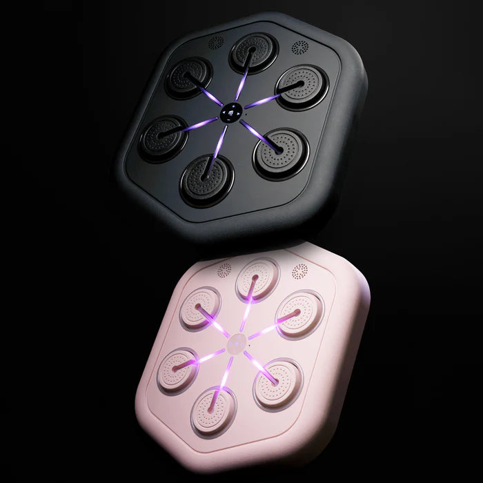 Two hexagonal foot massagers with a sleek design, one in black and the other in pink, featuring purple LED lights emanating from circular massage nodes, set against a dark background for a modern and stylish look.