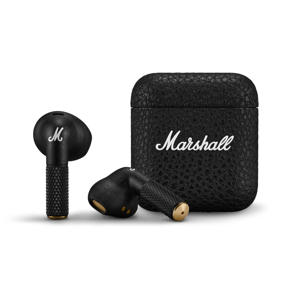 Marshall Minor IV wireless earbuds with a textured black charging case featuring the iconic Marshall logo. The earbuds have a stylish black design with textured grips for a secure fit and gold accents for a premium look. The compact case provides portability and protection, ensuring extended listening with its built-in battery support.