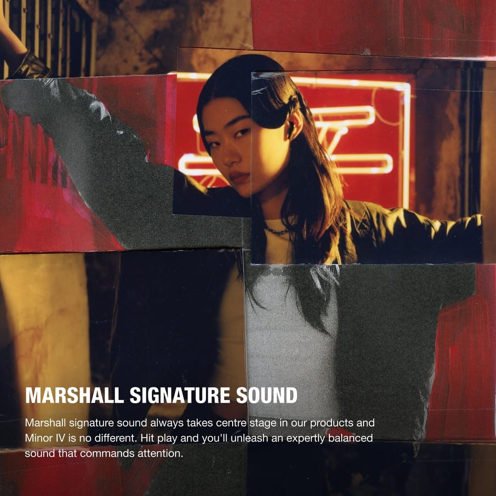 A stylish promotional image for Marshall Minor IV earbuds featuring a woman wearing the earbuds against a background with neon lighting. The collage-style composition combines different angles and lighting effects, emphasizing the brand's edgy and bold aesthetic. The text highlights "MARSHALL SIGNATURE SOUND," describing the earbuds as delivering an expertly balanced sound that commands attention, staying true to Marshall's legacy of high-quality audio.