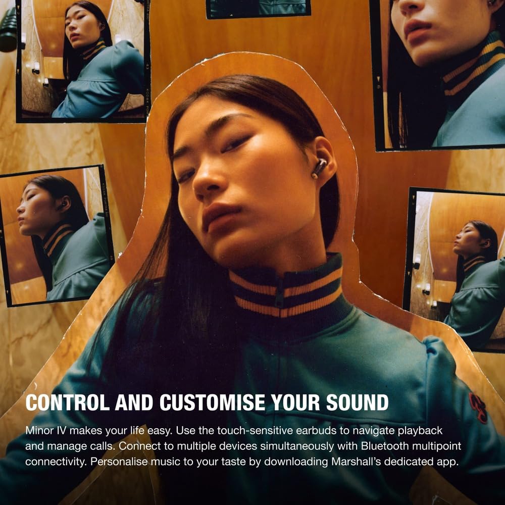 A stylish promotional image featuring a woman wearing Marshall Minor IV wireless earbuds, with multiple mirror reflections around her. The text highlights the earbuds' touch-sensitive controls for easy playback and call management, as well as Bluetooth multipoint connectivity for pairing with multiple devices simultaneously. The ad encourages users to personalize their audio experience by downloading the Marshall app. The bold heading reads, "CONTROL AND CUSTOMISE YOUR SOUND."