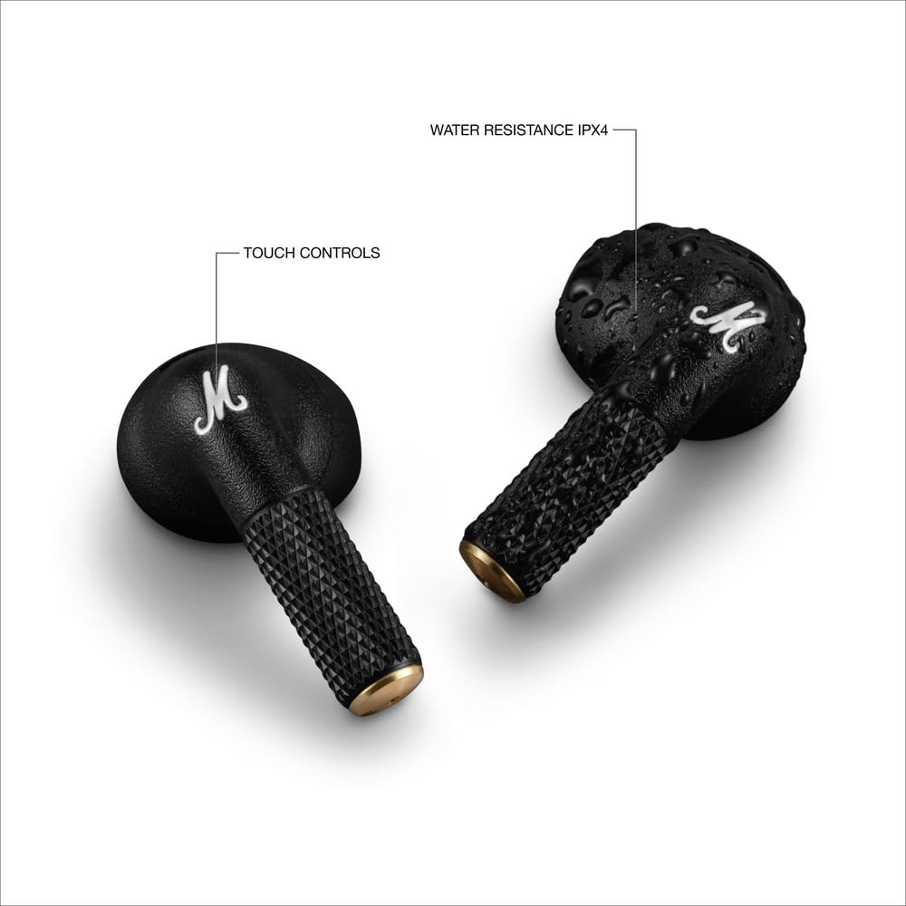 Marshall wireless earbuds with a textured black design and gold accents. The earbuds feature touch controls for easy playback and call management. One earbud is shown with water droplets, highlighting its IPX4 water resistance, making it suitable for workouts and light rain. The signature Marshall logo is displayed on both earbuds, emphasizing their premium design.