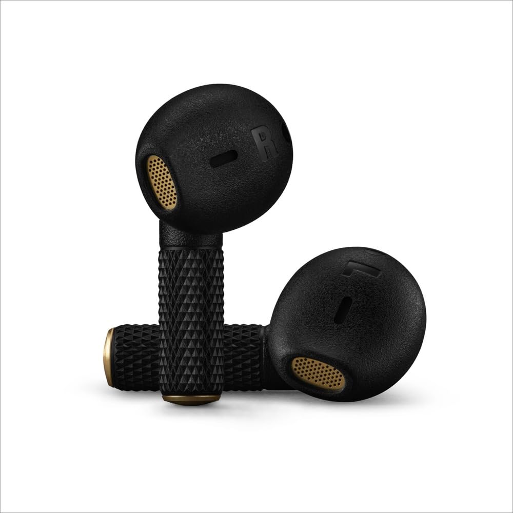 Marshall wireless earbuds in a sleek black design with textured grips and gold accents. The earbuds feature an ergonomic shape with distinct left and right markings for easy identification. The gold mesh speaker grilles add a touch of elegance, complementing the classic Marshall aesthetic.