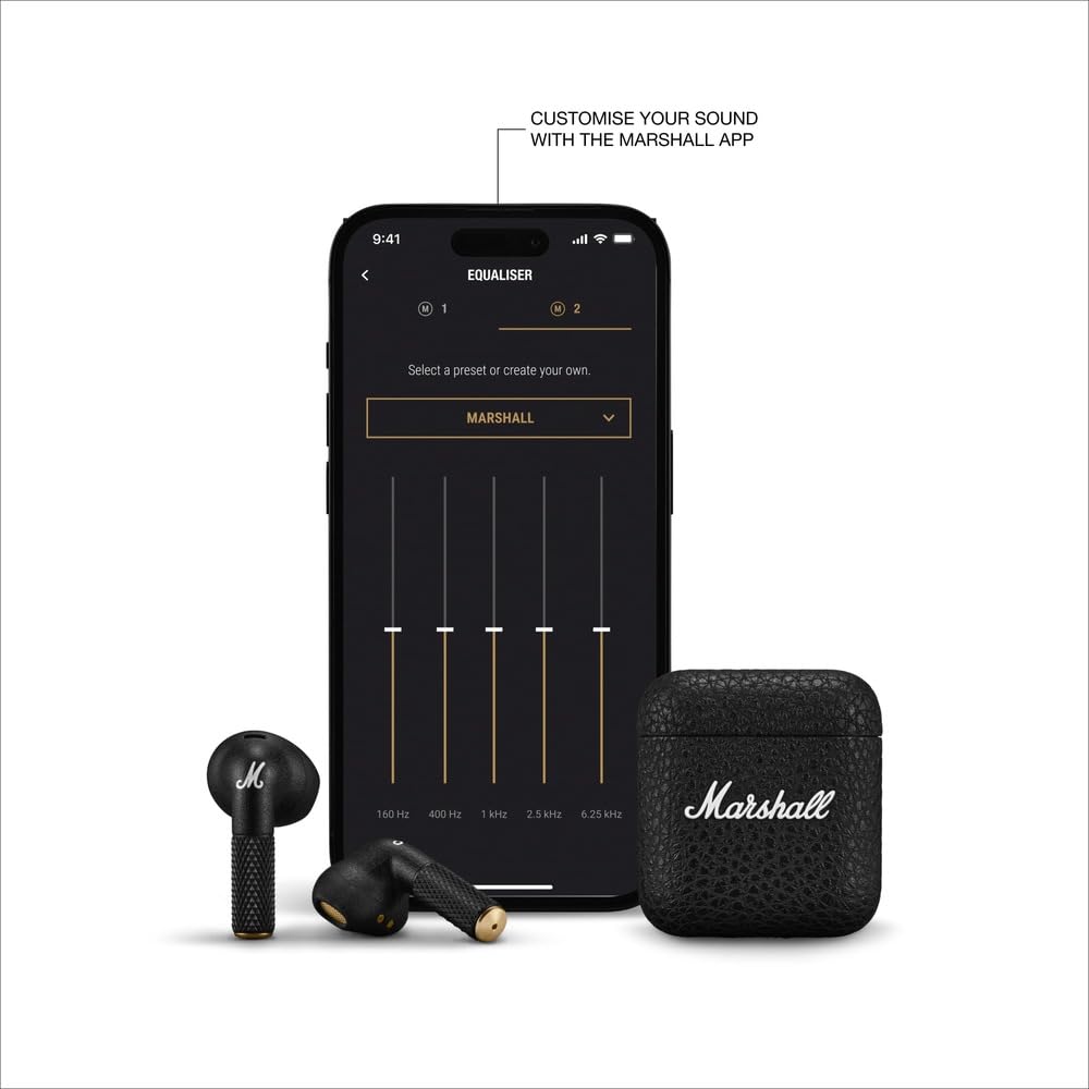 Marshall wireless earbuds with a textured black charging case featuring the iconic Marshall logo. The image also showcases a smartphone displaying the Marshall app's equalizer interface, allowing users to customize their sound preferences. The earbuds have a sleek black design with gold accents and a textured grip for a premium look and feel. Text on the image highlights the customization feature via the Marshall app.
