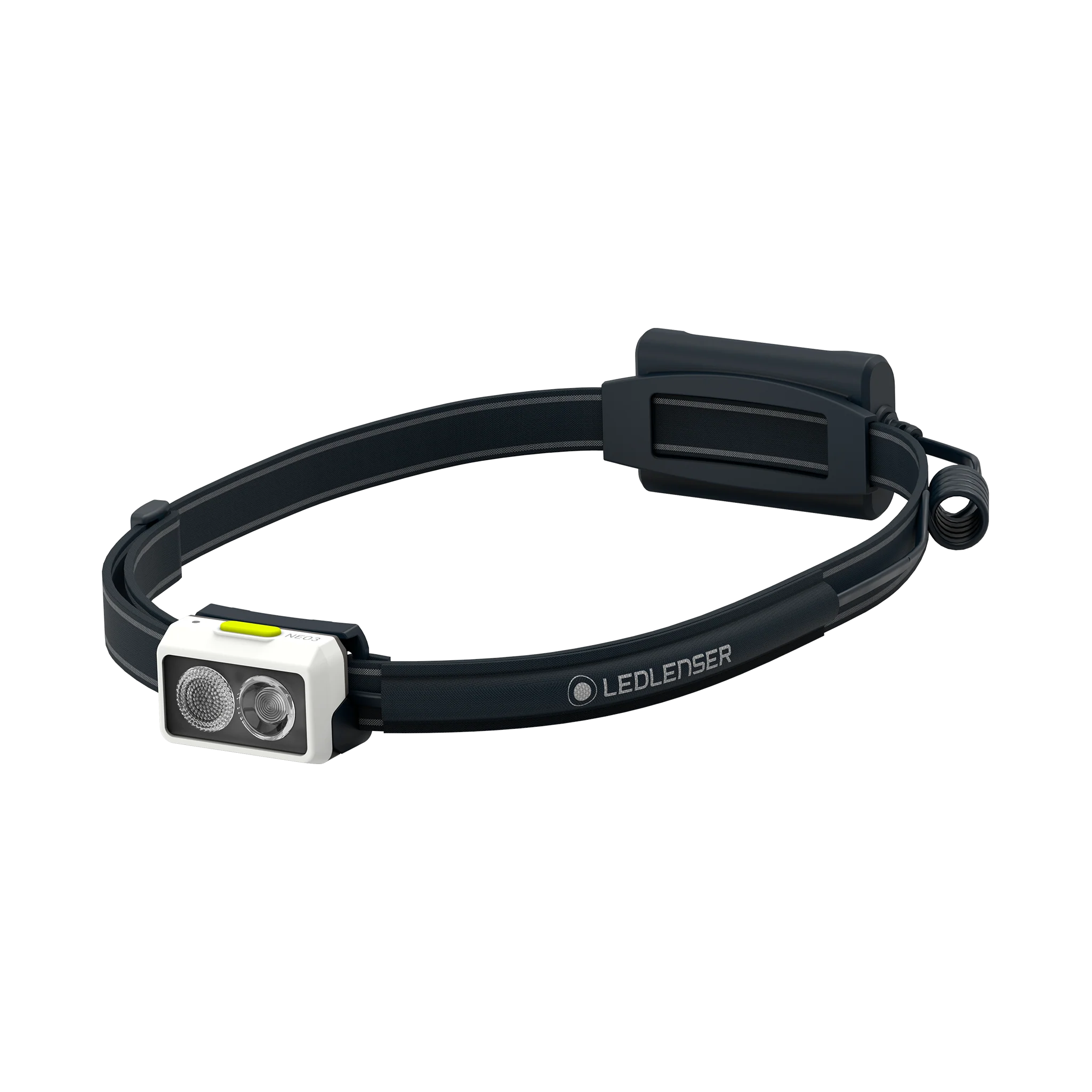 A LED Lenser headlamp featuring dual LED lights in the front, a white housing with a yellow button on top, and a black adjustable strap with the LED Lenser logo. The headlamp also includes a gray battery pack at the back, providing a balanced and functional design suitable for various outdoor activities.