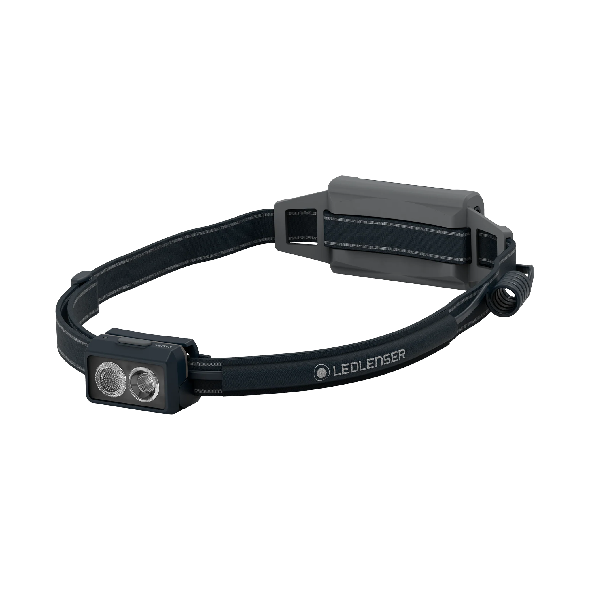 A black LED Lenser headlamp featuring a front lamp with dual LED lights and an adjustable strap. The battery pack is positioned at the back of the headband, providing balance and comfort. The headlamp has a sleek, modern design, with the LED Lenser logo printed on the strap.