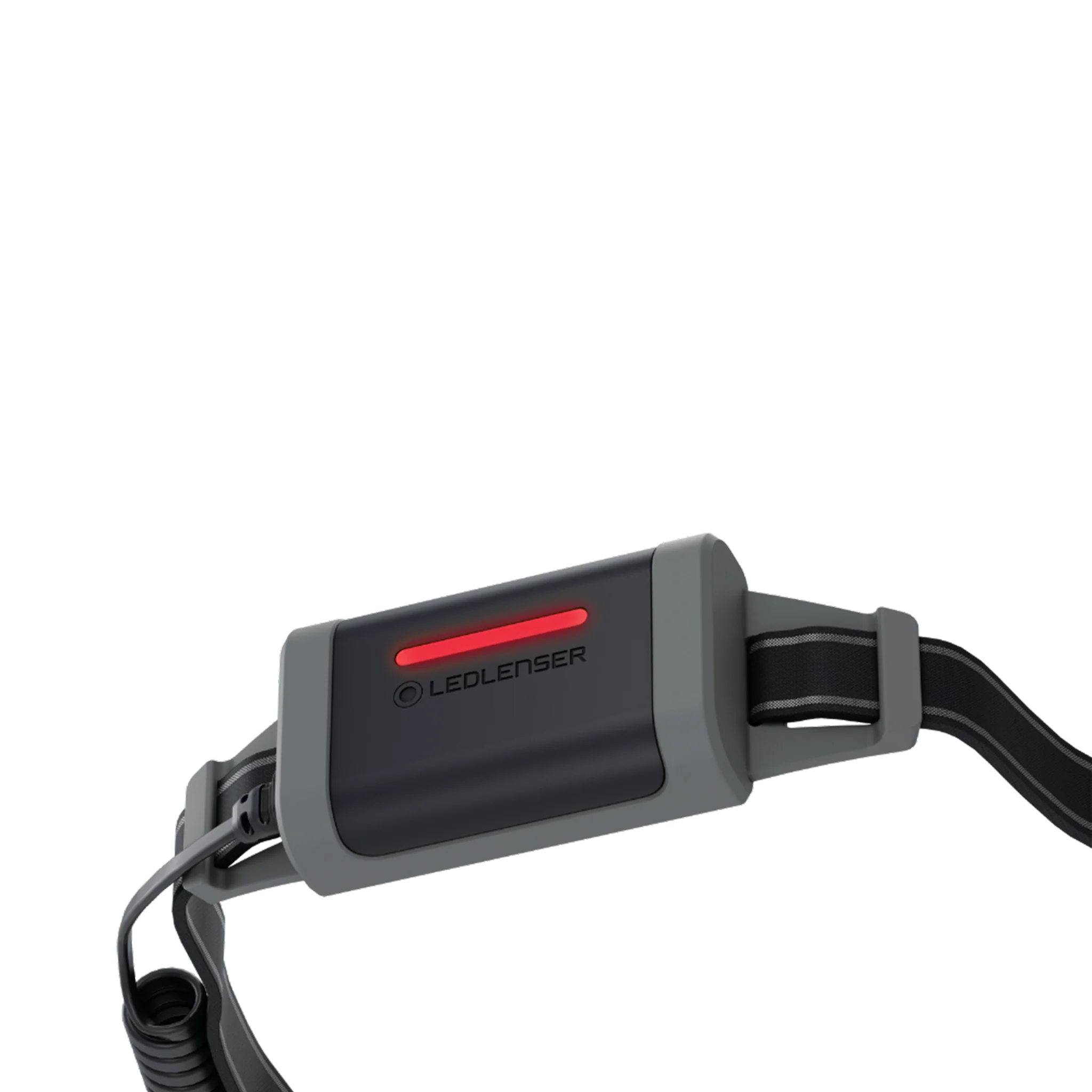A close-up view of the back of a LED Lenser headlamp, showing the battery pack with a red LED indicator light. The headlamp strap is black with gray accents, and the LED Lenser logo is visible on the battery pack. The design suggests a focus on comfort and functionality, with the red LED providing visibility and safety.