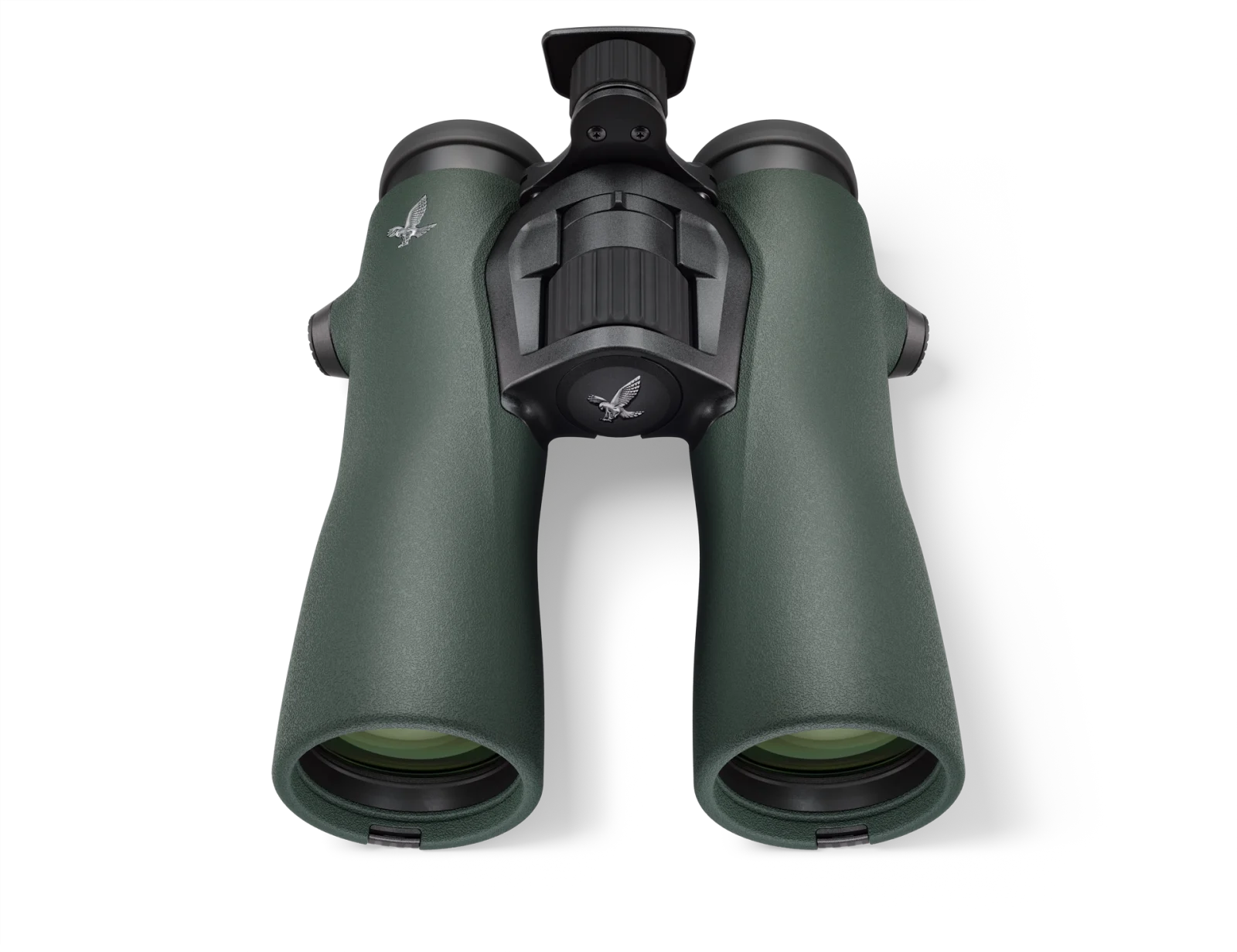 A close-up front view of Swarovski Optik binoculars with green barrels, black focus wheel, and ergonomic design, emphasizing its premium build and precision optics.
