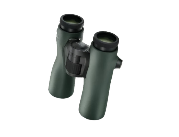 A top-angled view of green Swarovski Optik binoculars showcasing their ergonomic barrels, textured focus wheel, and sleek design.
