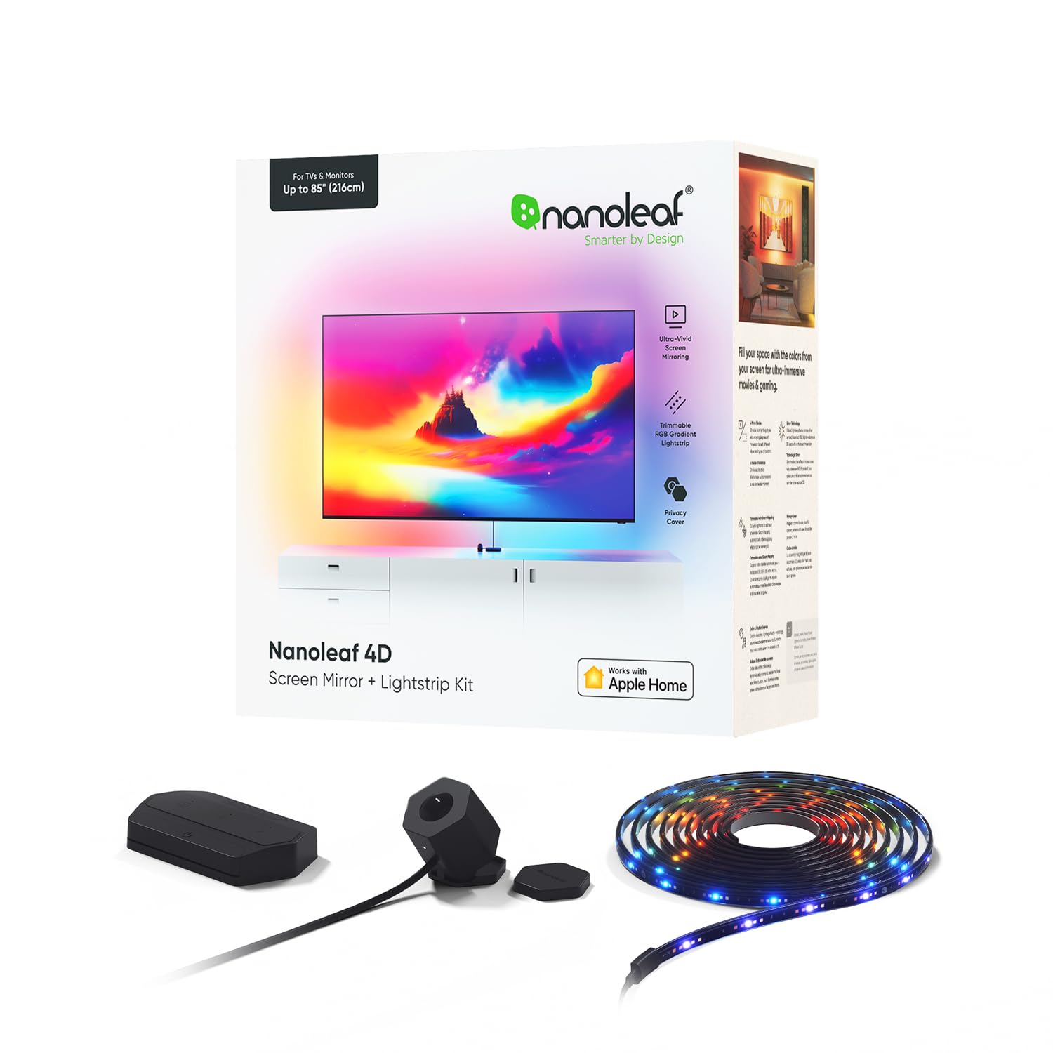 Nanoleaf 4D Screen Mirror and Lightstrip Kit, immersive ambient lighting for TVs up to 65 inches, compatible with Apple Home for smart home integration.