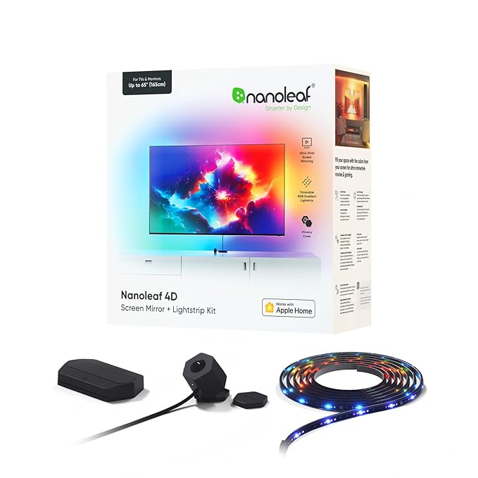 Nanoleaf 4D Screen Mirror and Lightstrip Kit, dynamic LED lighting, enhances TV viewing experience up to 85 inches, integrates with Apple Home for smart control.