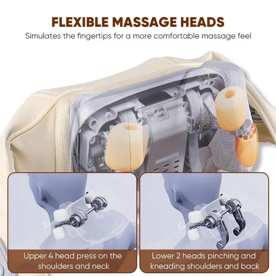 Upper 4 heads press on the shoulders and neck: This part of the device is designed to target the shoulders and neck, applying pressure to relieve tension and stress in these areas. Lower 2 heads pinching and kneading shoulders and back: This mechanism is designed to simulate pinching and kneading actions, which are effective in working out knots and providing deeper muscle relaxation along the shoulders and back.