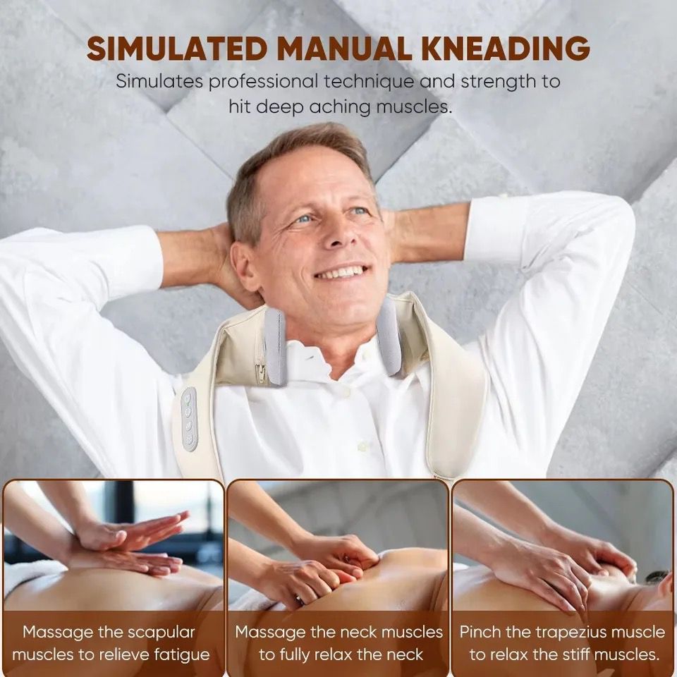 Massage the scapular muscles to relieve fatigue: This function focuses on the upper back, helping to alleviate tension and fatigue in the scapular area. Massage the neck muscles to fully relax the neck: The device simulates kneading to relax the neck muscles, providing relief from stiffness and tension. Pinch the trapezius muscle to relax the stiff muscles: This feature targets the trapezius muscles, offering a deep tissue massage to reduce stiffness and discomfort.