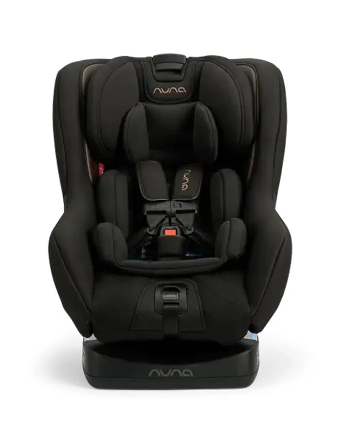 Front view of a Nuna black convertible car seat featuring a contoured design, five-point harness, cushioned headrest, and side-impact protection for enhanced child safety and comfort.
