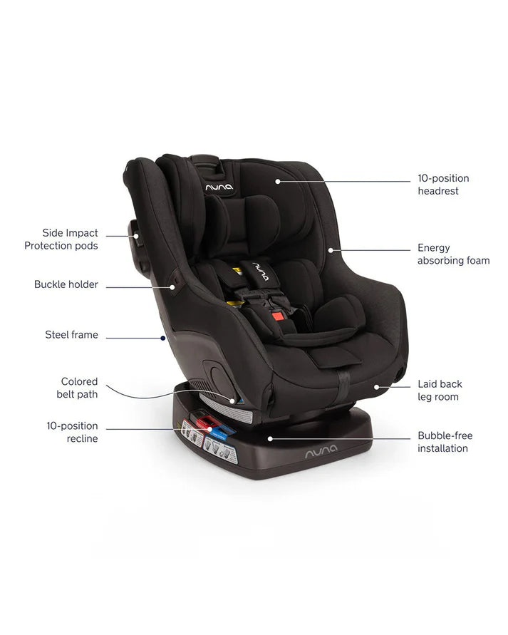 Angled view of a Nuna black convertible car seat with labeled features including a 10-position headrest, side impact protection pods, energy absorbing foam, steel frame, buckle holder, colored belt path, 10-position recline, laid back leg room, and bubble-free installation.