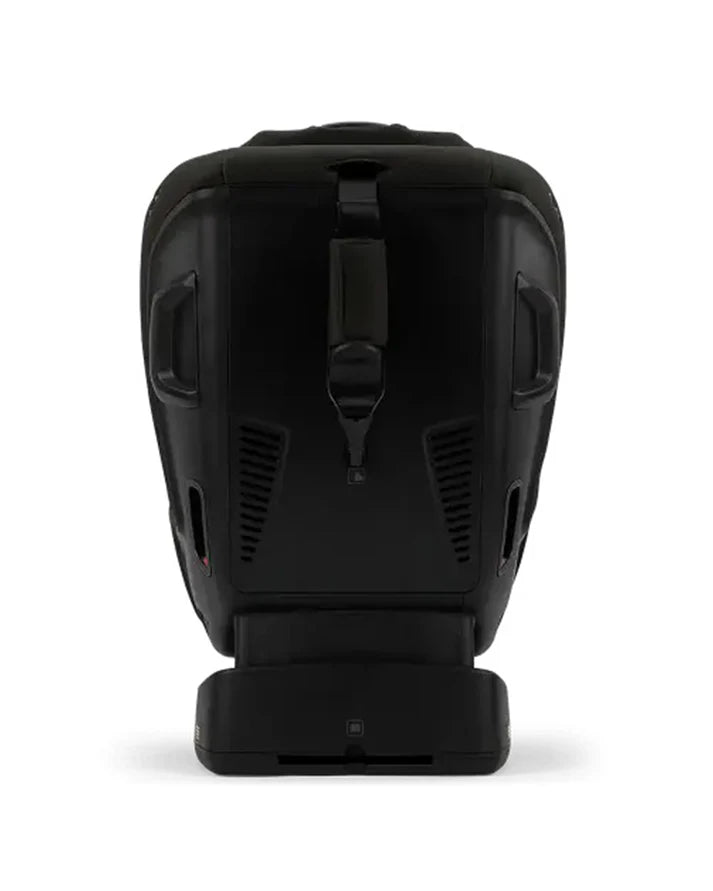 Rear view of a Nuna black convertible car seat showing the ventilation panels, adjustment strap, and solid back support, designed for durability and safe vehicle installation.