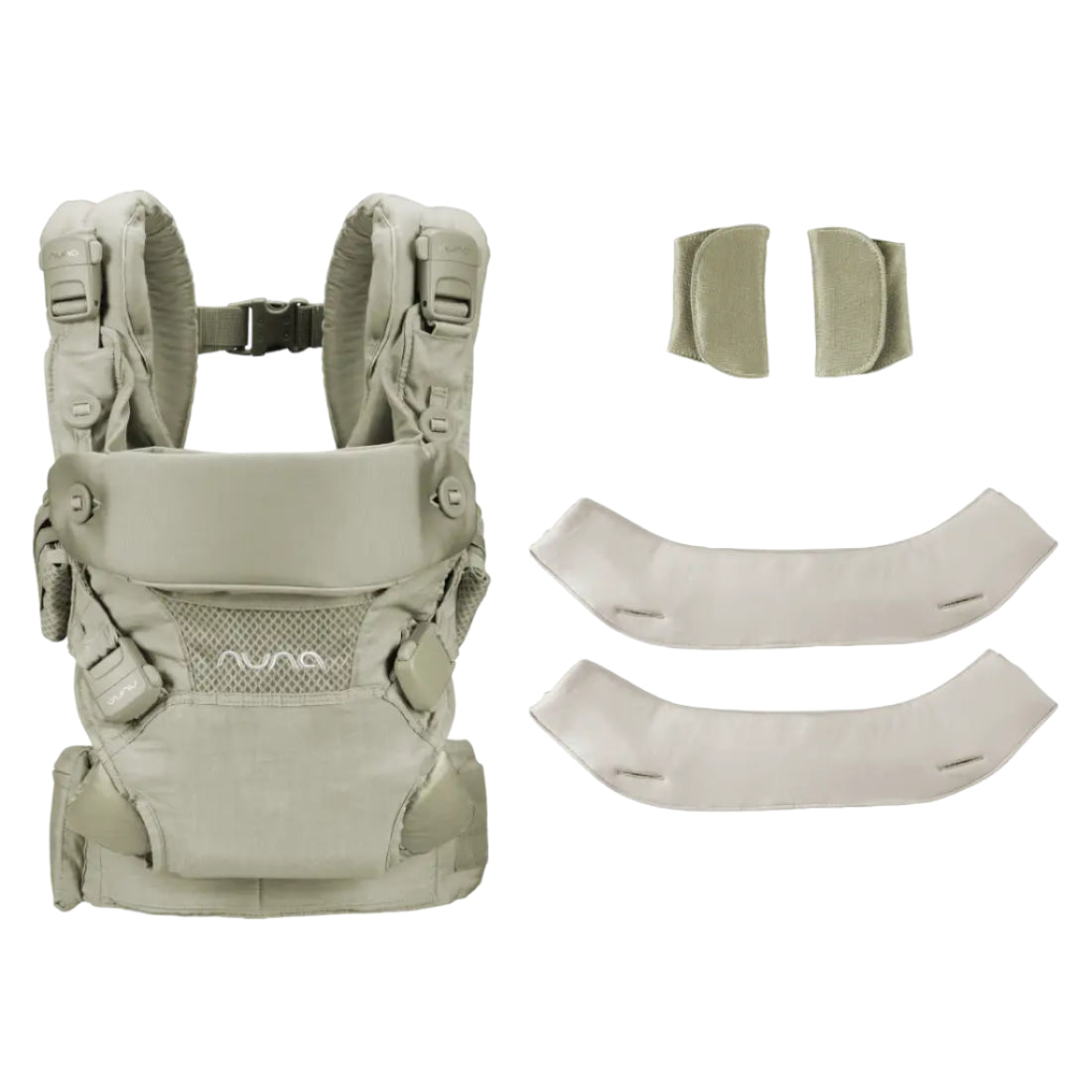 The image shows a beige Nuna baby carrier along with a set of accessories including two shoulder strap covers and two drool pads.