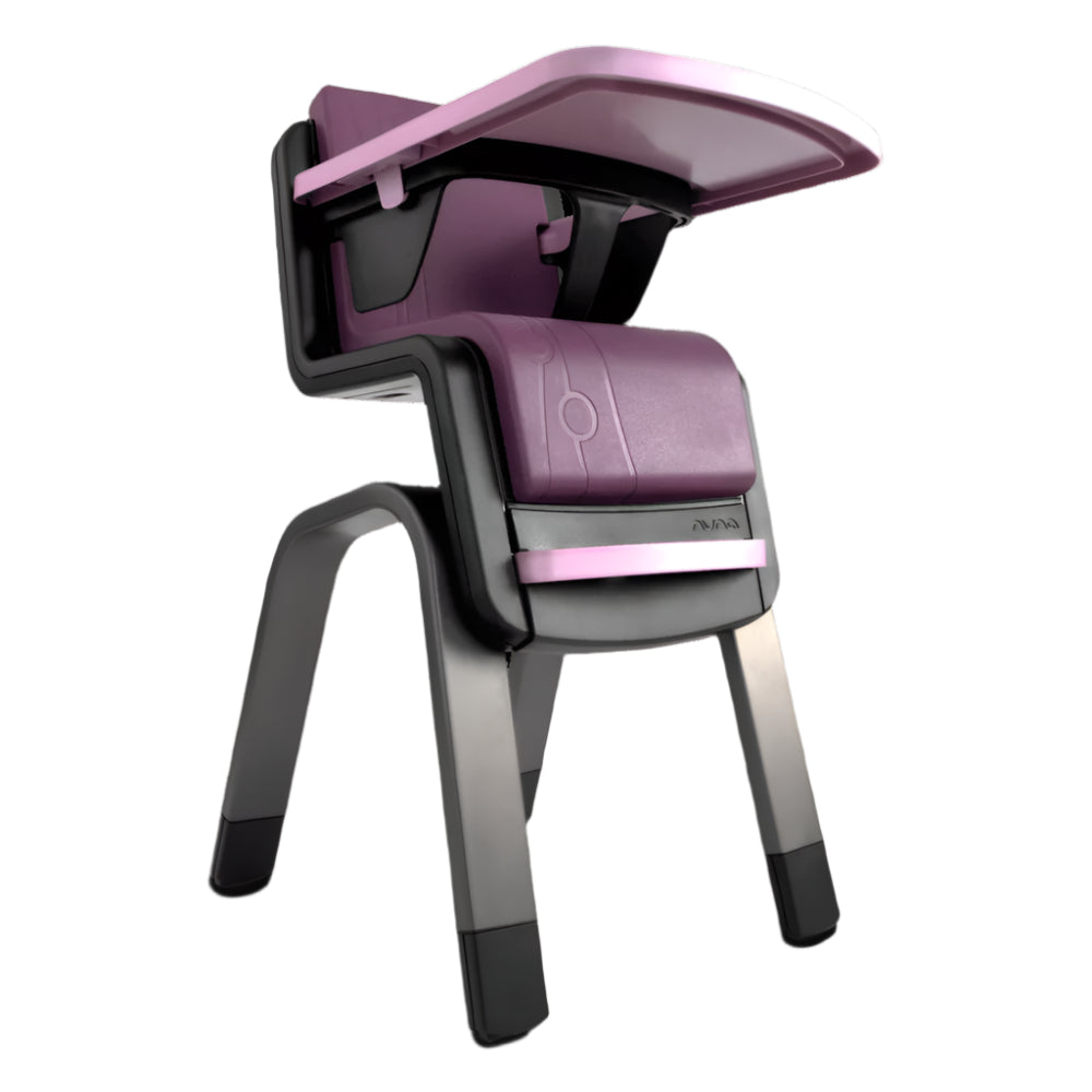 Low-angle view of a Nuna high chair in purple and grey, featuring an elevated tray, five-point harness, and modern contoured design for stylish and safe toddler seating.