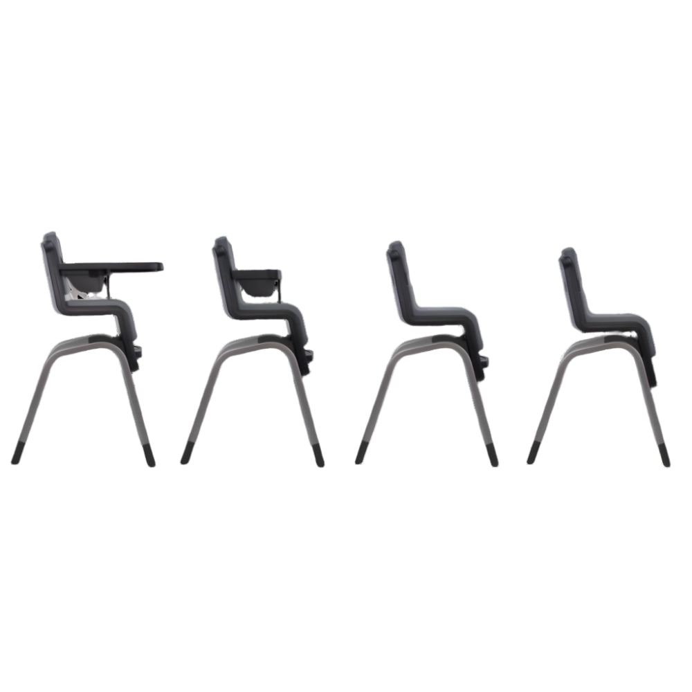 Side view of four Nuna high chairs in different configurations, showing adjustable stages from high chair with tray to toddler seat, highlighting its multi-functional design.