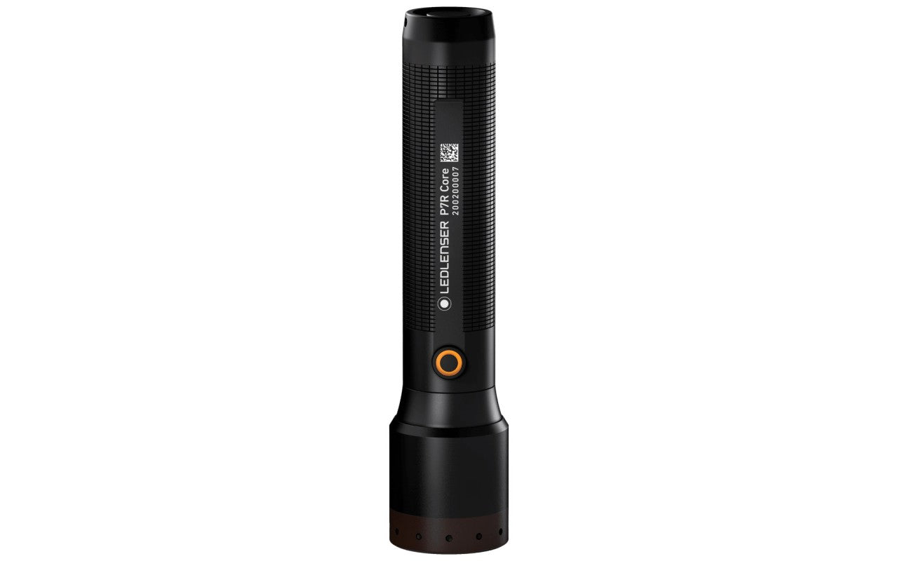 A black LED flashlight labeled "LEDLENSER P7R Core" viewed from the side. The flashlight features a textured grip for easy handling and an orange power button near the head. The head of the flashlight is designed with a clear lens, indicating a powerful light source. The overall design is sleek and durable, suitable for various lighting needs.