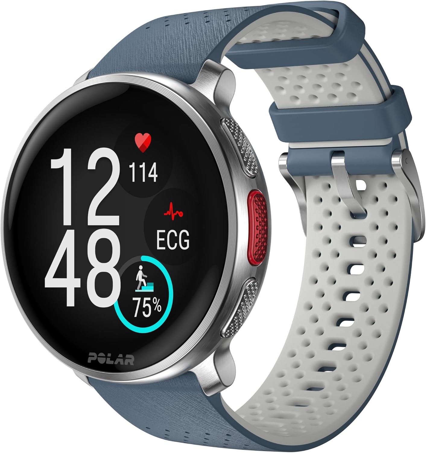 A Polar Vantage 3 smartwatch featuring a round face with a black display showing time, heart rate, ECG reading, and activity progress. The watch has a stainless steel casing and is paired with a two-tone strap in blue and white, with a perforated design for breathability. The strap has a buckle closure.