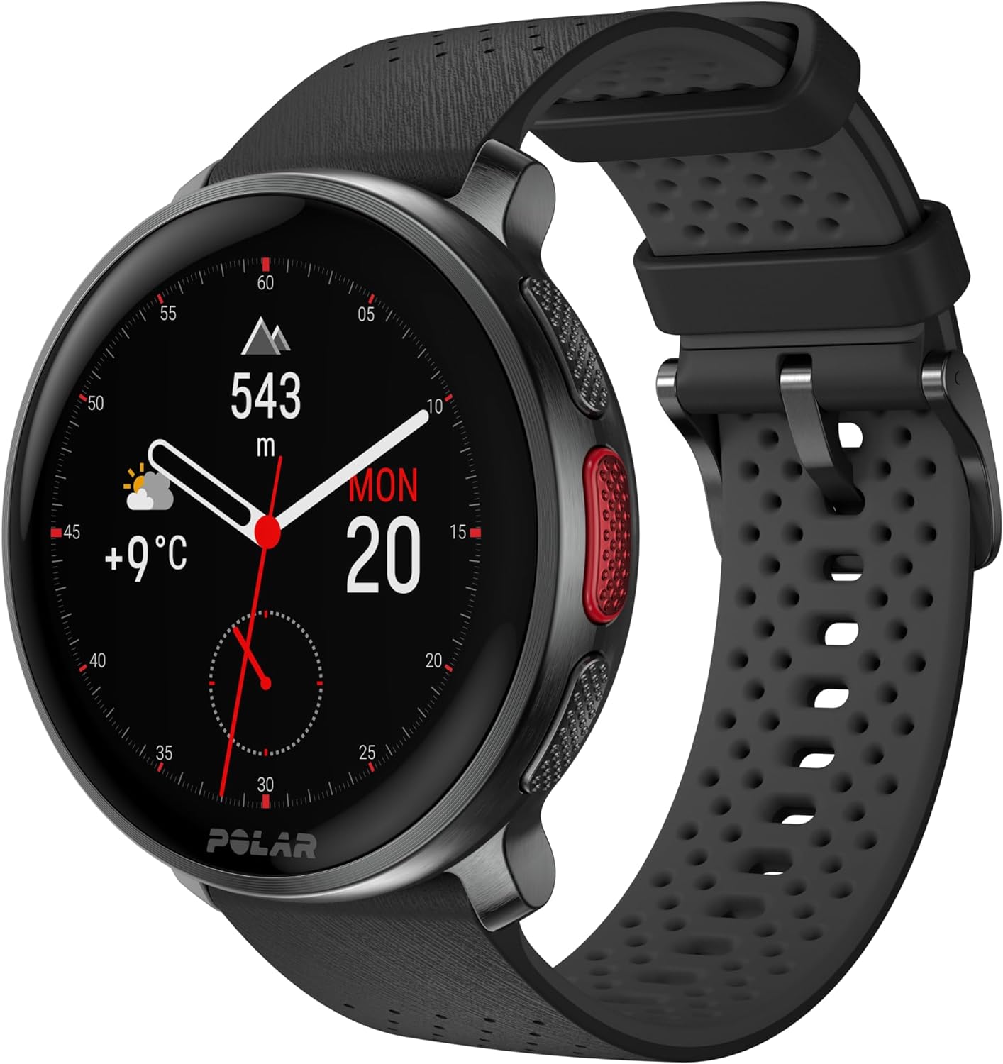 A Polar Vantage 3 smartwatch featuring a round face with a black display showing time, date, altitude, temperature, and other data. The watch has a dark casing and is paired with a black perforated strap, which has a buckle closure. The watch is designed for fitness and outdoor activities.