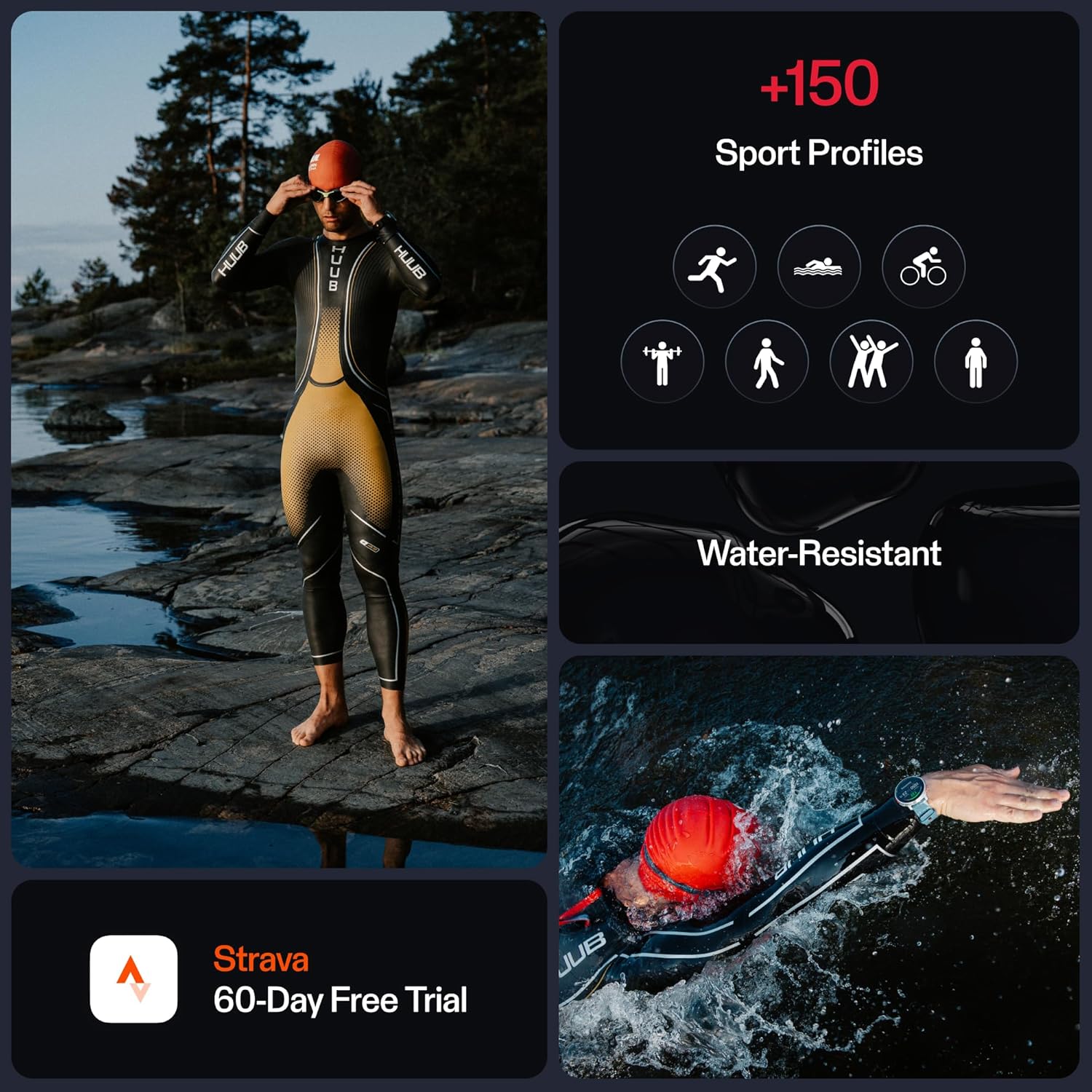 A promotional image for the Polar Vantage 3 smartwatch featuring a triathlete in a wetsuit and swim cap standing by a lake, preparing to swim. The image highlights over 150 sport profiles, water resistance, and a 60-day free trial of Strava. The smartwatch is shown being used in swimming, emphasizing its versatility and durability for various sports activities.