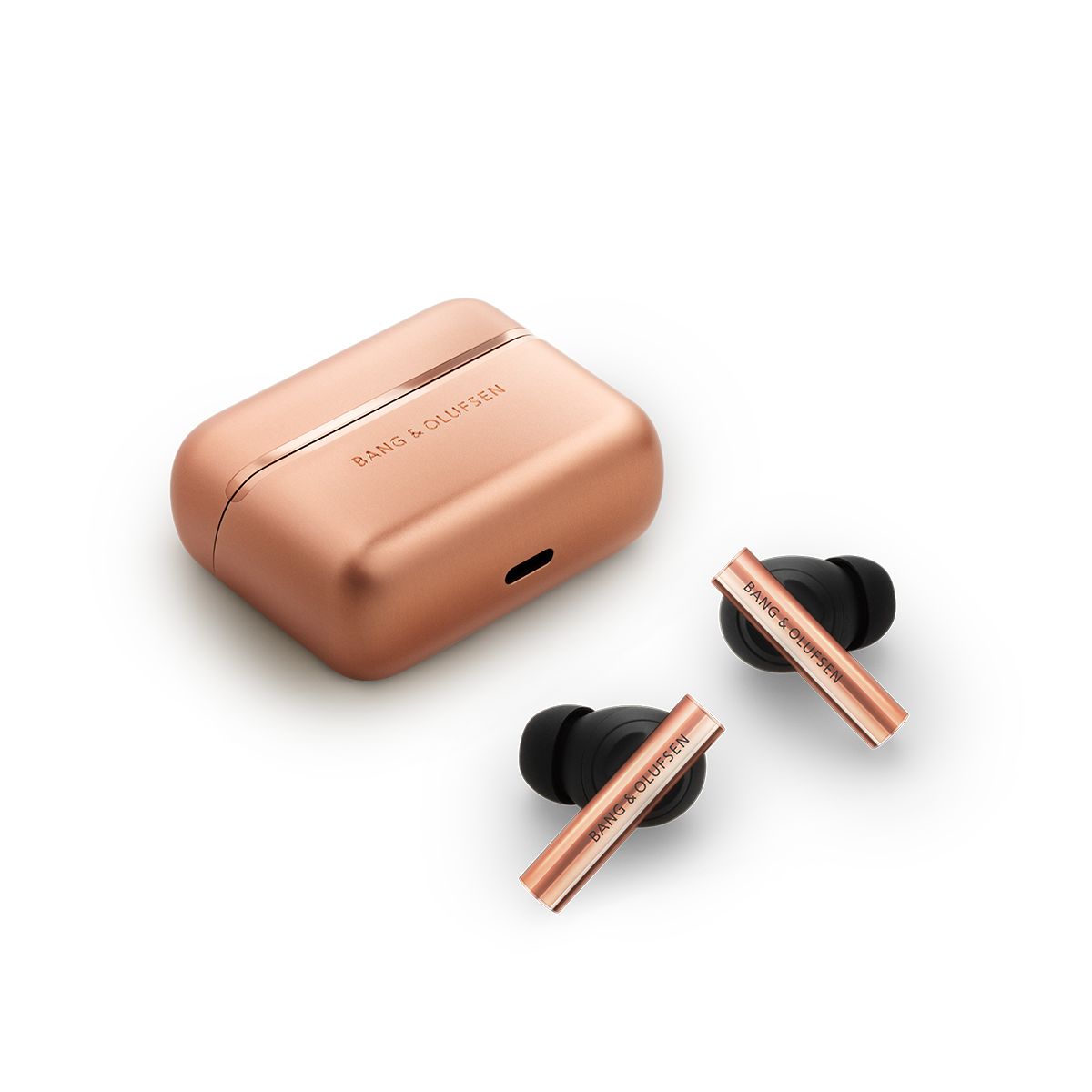 Beo Grace Honey Tone earbuds and case arranged together