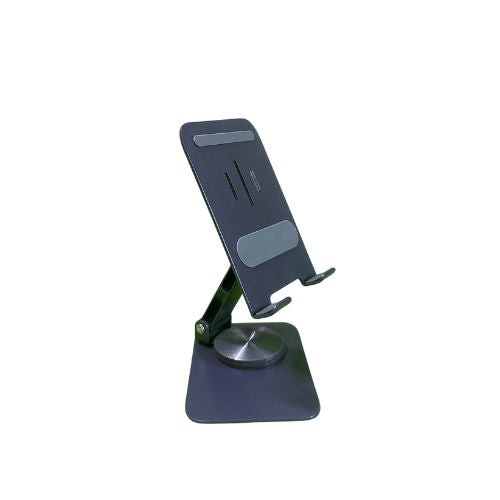 A side view of a black 360 rotating phone and tablet stand featuring a rectangular backplate with two vertical slots and two horizontal rubber pads for secure device placement. The stand has a circular base and an adjustable arm, allowing for flexible positioning and rotation.