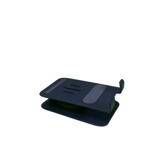 A black 360 rotating phone and tablet stand in a folded position, showcasing its compact and portable design. The stand has a rectangular backplate with two vertical slots and two horizontal rubber pads for secure device placement, as well as a circular base for stability.