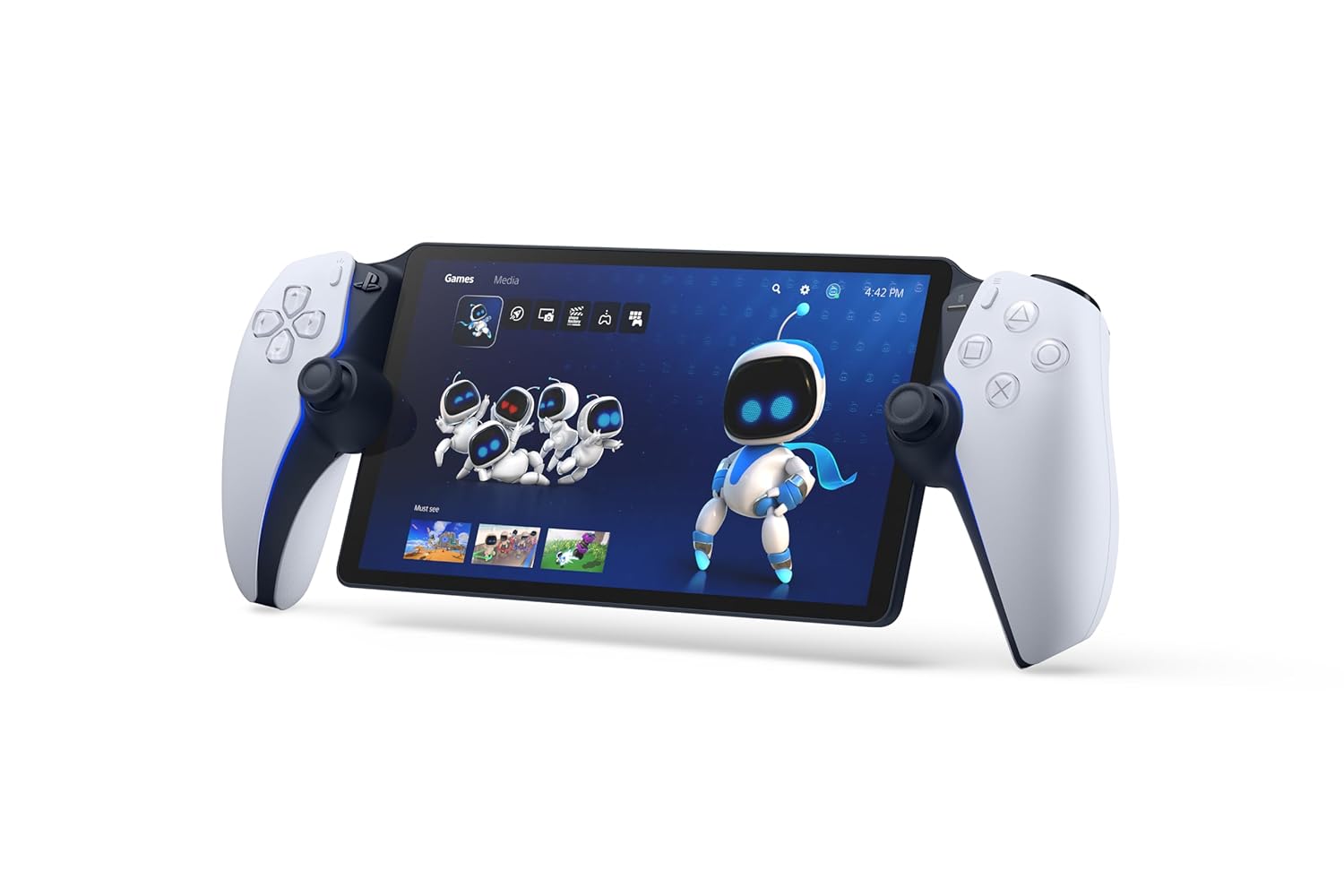 The image displays the PlayStation Portal™ Remote Player, focusing on the front view of the device. The handheld gaming system features a large screen flanked by PlayStation 5 DualSense controller grips on both sides. The screen shows a vibrant game interface with Astro Bot as the central character, alongside other game icons. The white and black grips include all standard PlayStation buttons, such as the directional pad, analog sticks, and action buttons, ensuring a full gaming experience. The design is s