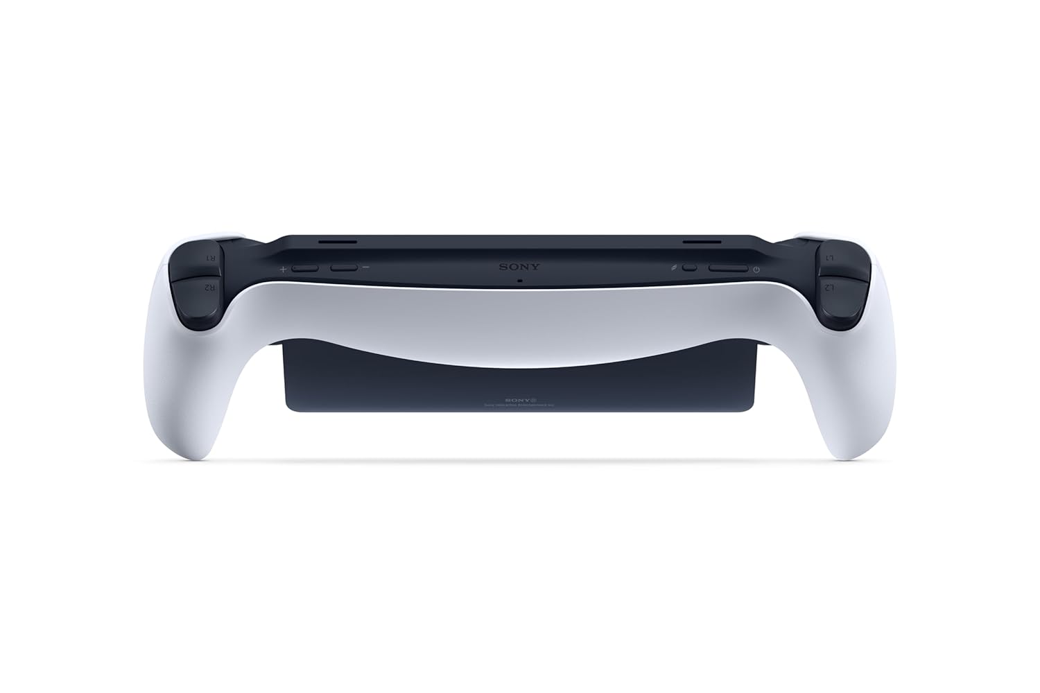 The image shows the back view of the PlayStation Portal™ Remote Player, highlighting the ergonomic design of the DualSense controller grips. The white grips curve smoothly, providing a comfortable hold for extended gaming sessions. The black central section houses the screen and buttons, creating a sleek and modern contrast. The L1, L2, R1, and R2 shoulder buttons are visible, showcasing the full functionality of the device. The overall design emphasizes comfort and control, consistent with the PlayStation