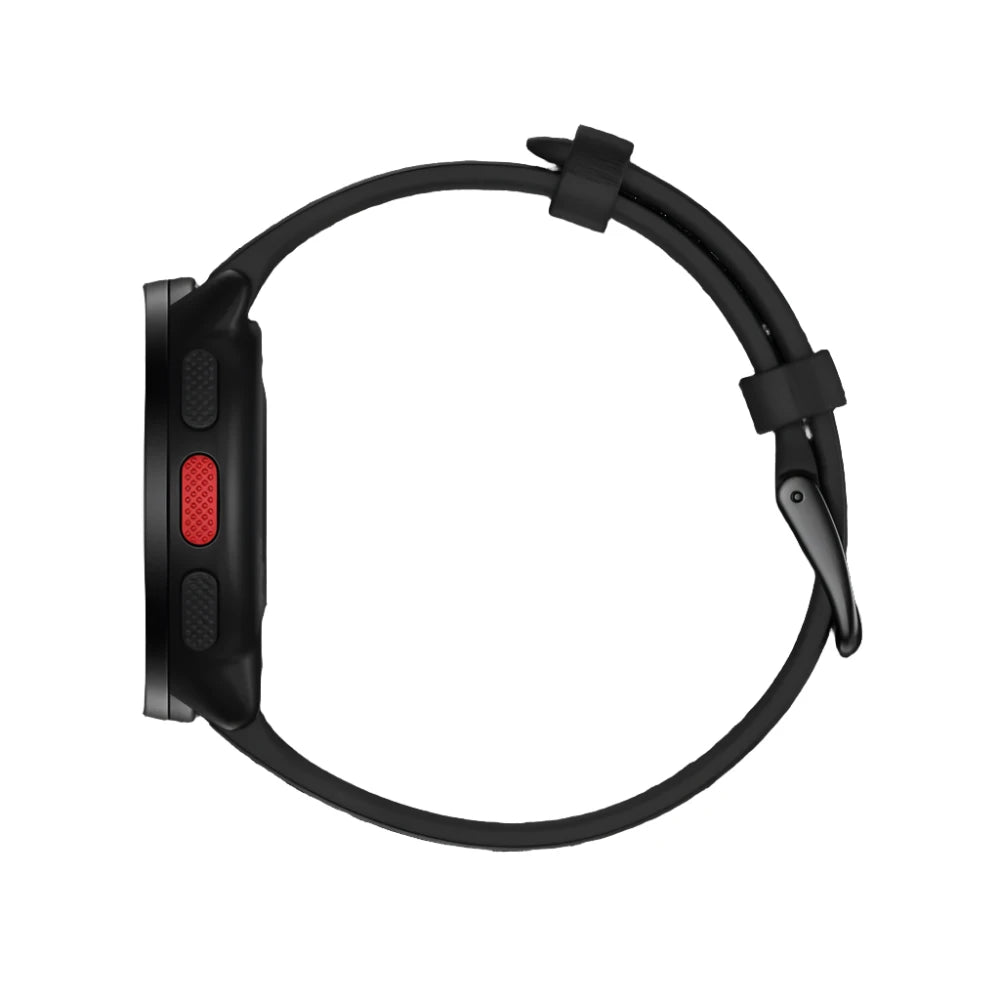 A side view of a Polar Pacer smartwatch with a black strap. The watch features a prominent red button and black textured grips on the side for easy operation. The strap has multiple adjustment holes and a buckle closure. The design highlights the watch's slim profile and functional side buttons.