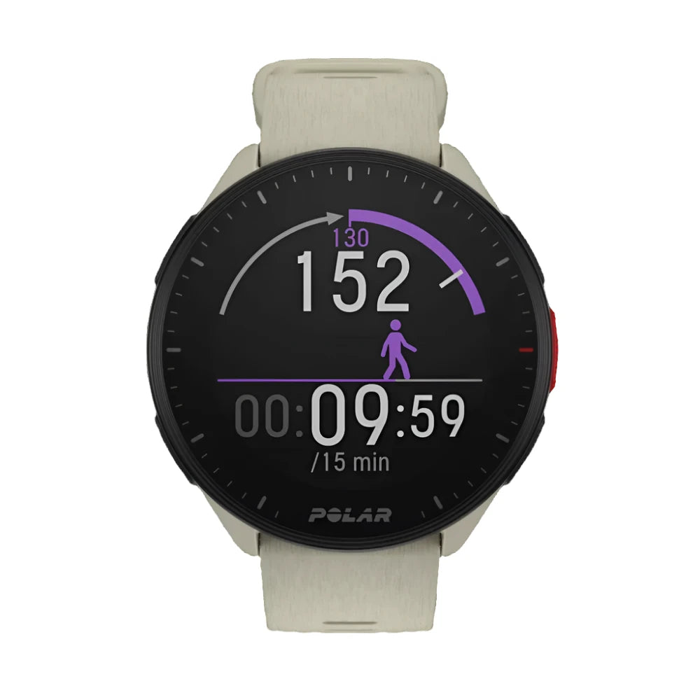 A Polar Pacer smartwatch with a round face displaying fitness tracking information, including heart rate, step count, and time elapsed during a workout. The display is black with white and purple elements. The watch has a white casing and a matching white strap with a buckle closure. The side of the watch features a red button and textured black grips.