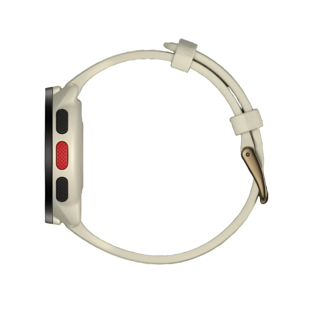 A side view of a Polar Pacer smartwatch with a white strap. The watch features a prominent red button and black textured grips on the side for easy operation. The strap, which matches the casing, has multiple adjustment holes and a buckle closure. The design highlights the watch's slim profile and functional side buttons.