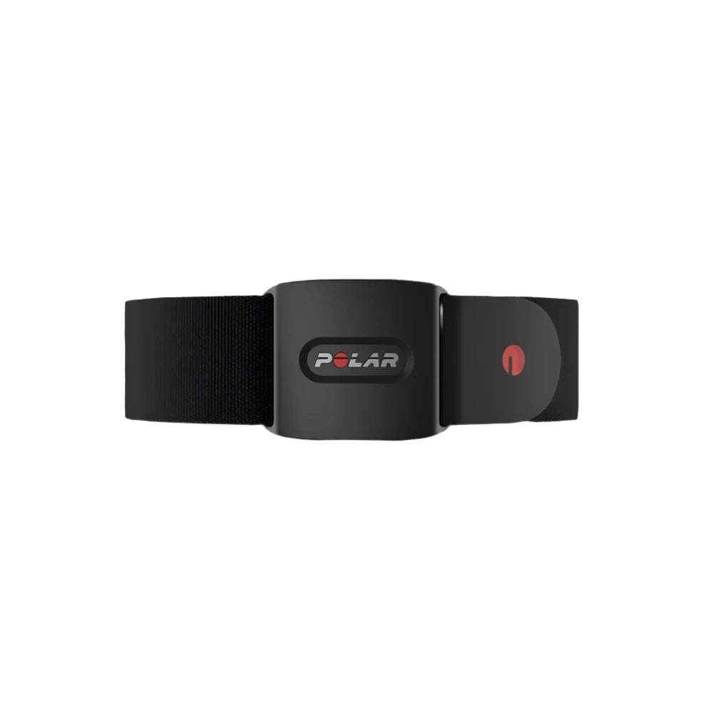 A Polar optical heart rate sensor with a black casing and a black adjustable strap. The front of the sensor features the Polar logo and a red power button on the casing. The strap is designed for a secure fit around the chest or upper arm and includes an adjustable buckle for a customized fit.