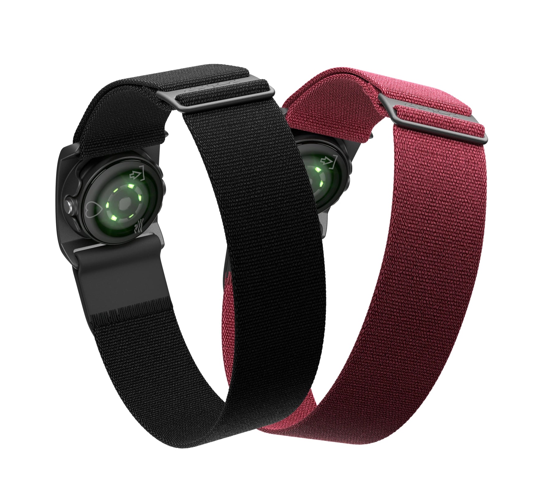 Two Polar optical heart rate sensors, one with a black adjustable strap and the other with a red adjustable strap. The sensors are shown with their green optical heart rate monitoring lights illuminated. Both straps are designed for secure fitment around the chest and feature adjustable buckles for a customized fit. The sensors' back sides are visible, highlighting the placement of the monitoring lights.