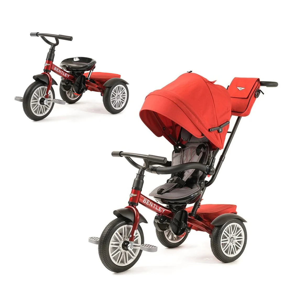 Red Bentley tricycle stroller in two configurations: one as a standalone trike and the other as a full stroller with sun canopy, safety harness, and parent push handle.